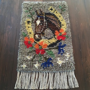 Horse Shag Rug, Vintage Rya Rug, Scandinavian Handmade Long Pile Ryiju, Equestrian Wool Latch Hook Rug, Horse Lover Gift, Mid Century Modern