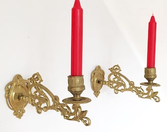 Candle Sconce Pair, 2 Antique Brass Piano Candelabras, Art Nouveau Rotating Swing Arm Candle Sticks, Ormolu Victorian Chateau Mansion Decor