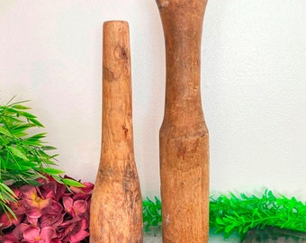 Presse-purée antique en bois sculpté à la main, pilonneuse rustique, ustensiles de cuisine de ferme primitifs