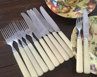 Vintage Dessert Cutlery Set of 12, Small Forks & Knives with Faux Bone Bakelite Handles, Scandinavian Cake Flatware