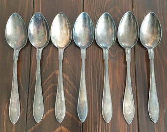 Silver Plated Spoons Set, 7 Large Tablespoons, Antique Soup Spoons, Vintage Silverware, Tarnished 1950s Melchior Flatware, Culinary Gift