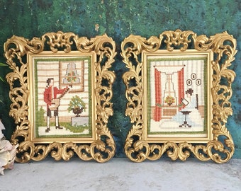 Florentine Embroidery, Gold Picture Frames Pair, Small Plastic Ornate Frames, Vintage Cross Stitch Needlepoint, Eclectic Wall Decor 6x5"