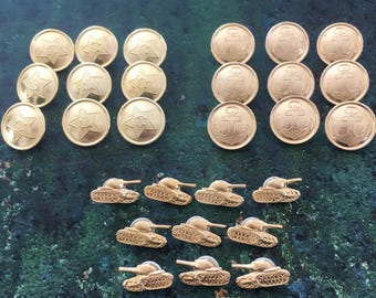 28 Vintage Golden Metal Buttons, USSR Soviet Military Army Tank Cuff Links & Marine Coat Buttons, Anchor Pentagon