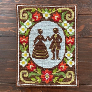 Hand Embroidery, Finished Needlepoint Tapestry, Victorian Dancers, Flowers Wall Hanging, Brown Embroidery, Twist Stitch, Earthy Tones 9x13in