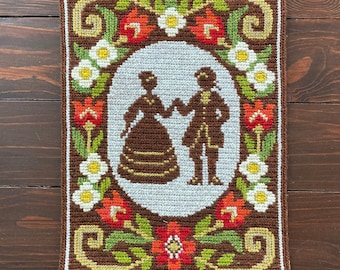 壁掛け　タペストリー　ニードルポイント　刺繍　田園風景　60s　70s　フランス ヴィンテージの手刺繍タペストリー、農場のガチョウの風車