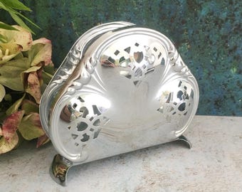 Vintage Napkin Holder, Shiny Chromed Metal Dinner Table Decor, Reticulated Swedish Tableware