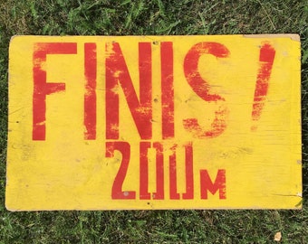 Large Wooden Sign, Vintage Sports Decor, Finish Sign, Runner Gift, Finis 200M Yellow Plywood Sign, Industrial Bar Garage Wall Hanging 25x15"