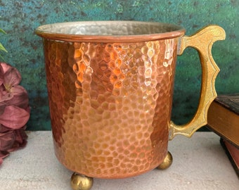 Vintage Copper Mug with Ball Feet & Brass Handle, Decorative Hammered Metal Cup, Scandinavian Rustic Barware