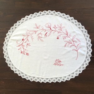 Oval Redwork Tablecloth, Hand Embroidered Doily, Vintage Table Linens, White Lace, Hand Stitched Round Table Topper, Antique Embroidery