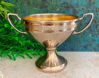 Trophy Cup, Small Silver Gold Vintage Loving Cup, Chromed Metal Sugar Bowl w Handles, Footed Succulent Plant Pot, Silver Home Decor