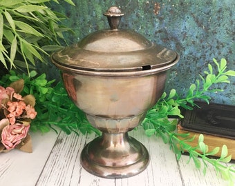 Vintage Compote, Lidded Chalice, Silver Plated Trophy Cup, Footed Large Sports Award, Ornate Lid, Metal Plant Holder, Boho Home Decor 8"