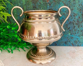 Small Trophy Cup, Chromed Metal, Silver Gold Vintage Loving Cup, Sugar Bowl w Handles, Footed Plant Succulent Pot, Silver Home Decor