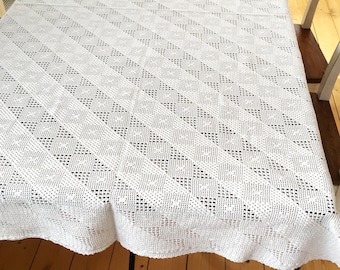Large Lace Tablecloth, Hand Crochet Filet Lace, Handmade White Cotton Table Topper, Crocheted Fine Craftsmanship 75x42"