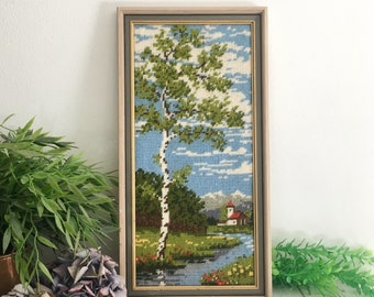 Framed Crewel, Swedish Landscape Embroidery, Scandinavian Needlepoint Wall Hanging, Vintage Wood Frame, Birch Needlework 14x7"