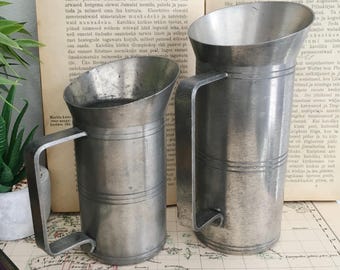 Pair of Vintage  Metal Vases, 1970s Swedish Usable Tin Pewter Measuring Cups, Svenskt Tenn, Rustic Farmhouse Dishes