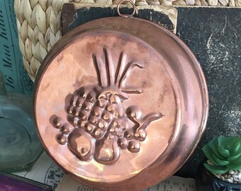 Copper Baking Mold, Vintage Cake Pan, Kitchen Decor Cake Mold, Hammered Tin Lined Swedish Brass Bowl, Rustic Farmhouse Cabin Decor