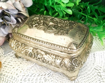 Ornate Jewelry Box, Silver Tone Metal Trinket Ring Box, Hinged Lid, Brocante Jewellery Case, Handmade Vintage Small Chest, Red Velvet Inside
