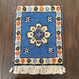 Shag Rug, Rya Rug, Blue Wool Latch Hook Rug, Vintage Scandinavian Tapestry, Handmade Ryiju, Wall Hanging, Blue Home Decor 18"x25"
