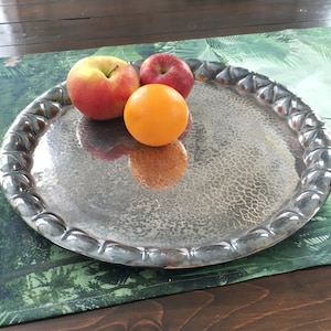 Large Silver Plated Serving Tray, Solid Metal Pastry Fruit Drinks Platter, Vintage Silverware, Tarnished Patina, Decorative Wall Tray 13&quot;