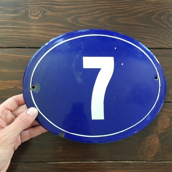 House Number 7, Vintage Enamel Sign, Large Oval Convex Sign, Metal Address Sign Lucky Number 7, 1960s Soviet Industrial Garage Man Cave Gift