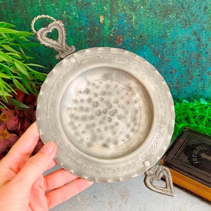 Small Footed Tray, Quirky Unique Hand Hammered Pewter Plate w Handles, Vintage Footed Candy Dish, Ancient Viking Scandinavian Rustic Decor