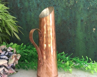 Small Copper Vase, Mid Century Mod Bud Vase, Brass Jug w Handle, Hand Hammered Pitcher, 1970 Sweden, Scandinavian Vintage Home Decor 6.5"