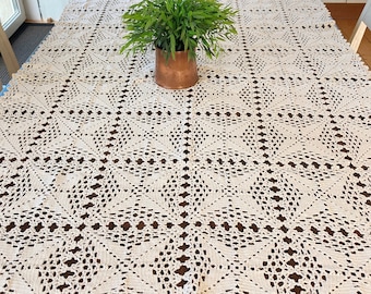 Large Lace Tablecloth, Hand Crochet Filet Lace, Handmade Natural White Cotton Table Topper, Crocheted Fine Craftsmanship 53x37"