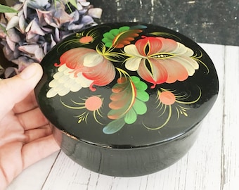 Russian Lacquer Box, Hand Painted Khokhloma, 1950s Vintage Papier Mache Box, Vibrant Art Painting, Painted Flowers Art Gift