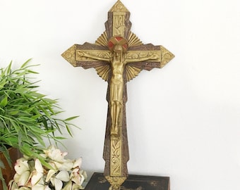 Wall Crucifix, Large Religious Brass Cross, Antique Trinity Jesus Christ, Embossed Bronze Cross, INRI Home Altar, Christian Church 12"