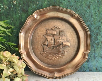 Brass Wall Hanging, Viking Ship Plaque, Scandinavian Sailing Ship Metal Art Gift, Copper Relief, Nautical Picture Wall, Vintage Boho Decor