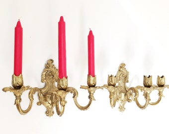 Candle Wall Sconce Pair, 2 Antique Brass Candelabras, Large Heavy Three Arm Candle Sticks, Ormolu Victorian Baroque Mansion, Chateau Decor