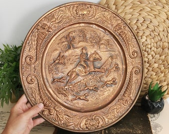 Vintage Copper Plaque, Hunting, Riding Horse, Large Round Ornate Brass Plate, Wall Decor, Art Gift, Repousse Relief, Hand Hammered Tray 14"