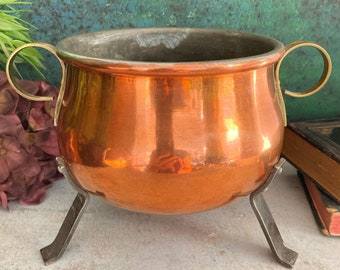 Copper Plant Pot with Brass Handles& Legs, Antique Footed Witch Cauldron, Scandinavia, Svensk Koppar