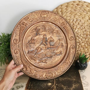 Vintage Copper Plaque, Hunting, Riding Horse, Large Round Ornate Brass Plate, Wall Decor, Art Gift, Repousse Relief, Hand Hammered Tray 14 image 1