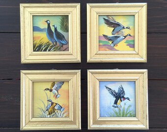 Framed Oil Painting Set of 4, Small Hand Painted Birds, Gilt Wood Picture Frames, Wall Hangings, Minimalist Home Decor, Ready to Hang 4x4"