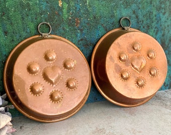 Copper Cake Pan Pair, 2 Small Baking Molds, Vintage Brass Cake Molds, Swedish Embossed Copperware, Rustic Farmhouse Kitchen, Baker Gift