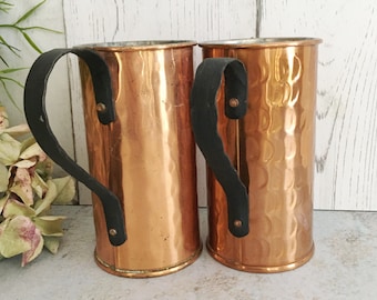 Copper Mugs Pair, Vintage Forged Metal Handle, Small Metal Cups, Antique Vase, Brass Cups, Rustic Barware Bar Decor