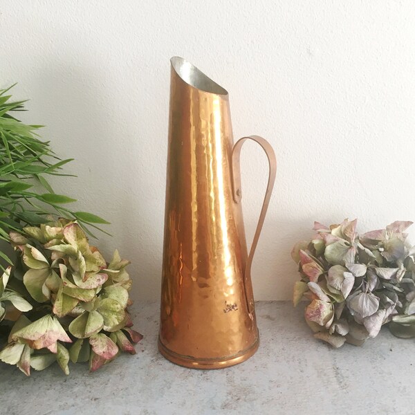 Vintage Copper Jug, Vase for Flowers, Mid Century Modern Bud Vase, Brass Home Decor 1970 Sweden, Hand Hammered Pitcher, Scandinavian