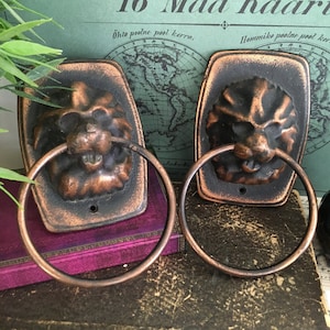 May include: Two antique bronze lion head door knockers with circular handles. The lion heads are detailed with a dark bronze finish and a copper-colored ring handle. The knockers are mounted on rectangular plates.
