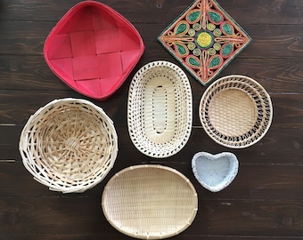 Basket Collection of 7, Eclectic Wall Decor, Vintage Boho Wall Hangings, Raffia Basket, Natural Woven Wicker Baskets