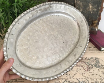 Large Serving Tray, XL Oval Platter, Pewter Metal Dinnerware, Etched Decor, Repousse Vintage Chateau Coffee Table Display 16x10"