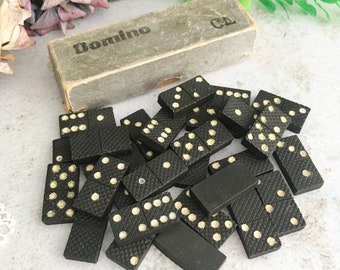 Wood Domino Set, Vintage Wooden Mini Dominoes, 1930s Estonian Complete Set, 28 Black Domino Stones, Antique Collector Domino Game