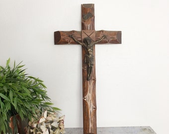 Wood Cross, Large Wall Crucifix, Religious Antique Brass Trinity Jesus Christ, INRI Vintage Home Altar, Christian Catholic Church 16"