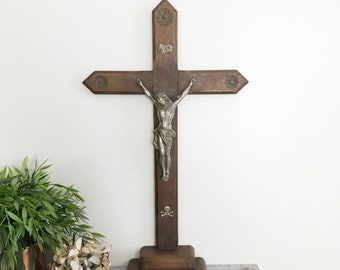 Large Table Crucifix, XL Wood Cross on Stand, Antique Jesus Christ Statue, Unique Religious Vintage Home Altar Christian Catholic Church 21"