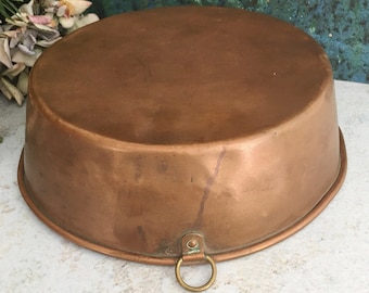 Molde de pastel de cobre, gran bandeja para hornear de decoración de cocina rústica antigua auténtica, castillo vintage, forrado de estaño, cabaña de granja Brocante