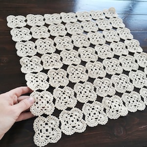 Lace Table Cloth, Handmade Crochet Lace Tablecloth, Vintage Beige Square Doily, Natural White Table Linens 15x15&quot;