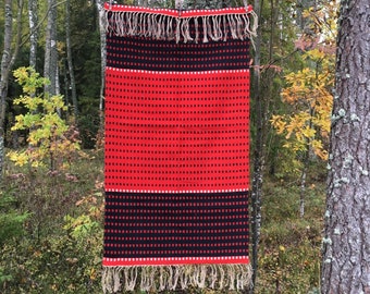 Handwoven Tapestry, Red Black Scandinavian Natural Wool Throw, Bedding Blanket, Armchair Cover, Vintage Organic Wall Decor Rug 25x55"