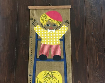 Fabric Growth Chart for Kids, Cute Vintage Scandinavian Mid Century Nursery Decor, Jute Textile Panel, Boys Girls Gift, Signed M Buhler