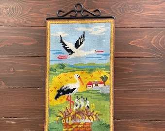 Tapisserie scandinave, nids de cigognes, ferme suédoise, broderie d'art populaire, broderie murale vintage, point torsadé 20 x 40 cm