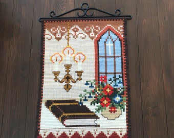 Handmade Wall Hanging, Religious Tapestry, Church Altar Needlepoint, Vintage Christmas Wall Decor Embroidery. Jesus Bible, Metal Hardware